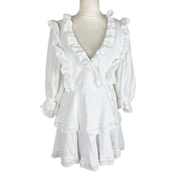 Shona Joy Ackley Broderie Frill Eyelet Mini Dress White Puff Sleeve Size 10 - Picture 2 of 9